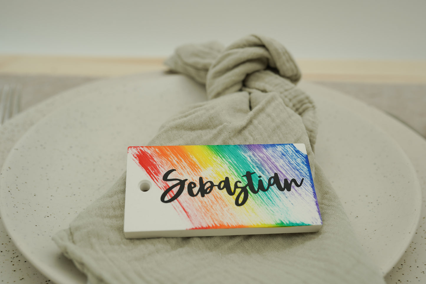 Namensschild für Taufe Regenbogen